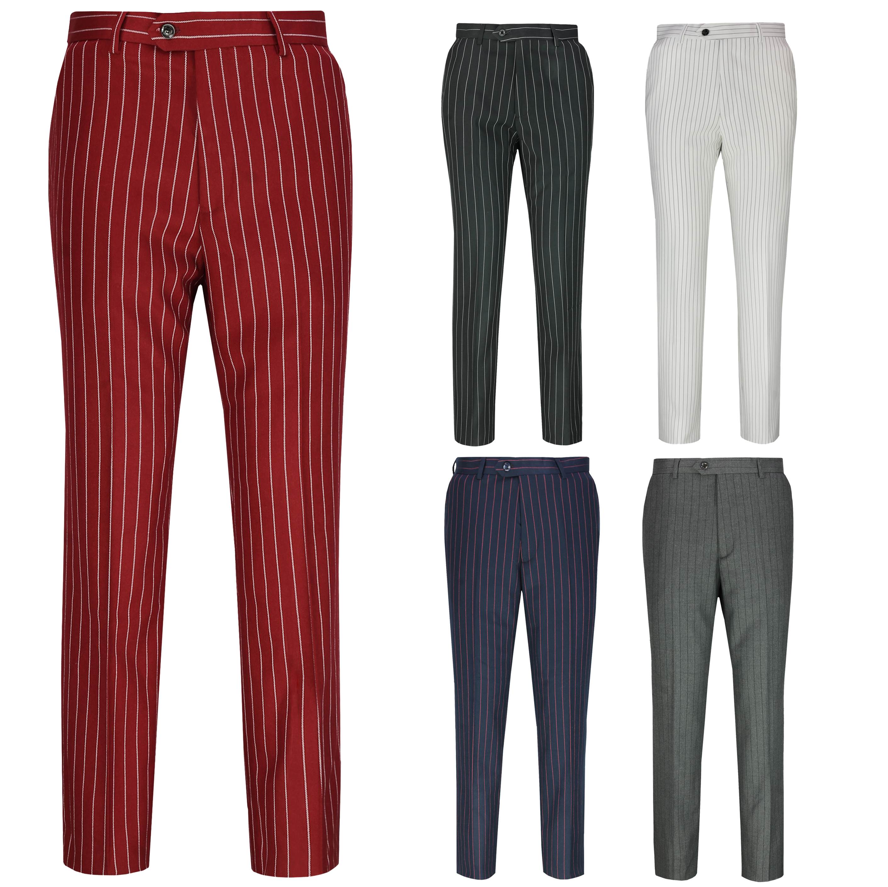 Mens Classic Tweed Pinstripe Trousers Retro Vintage Tailored Fit Suit